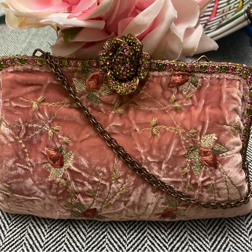 Pre❤️Clara Kasavina Vintage Pink Velvet Swarovski Crystal Rose Evening Clutch - Picture 2 of 10
